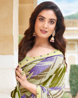 Vishal Prints Pastel Olive Printed Georgette Saree With Border