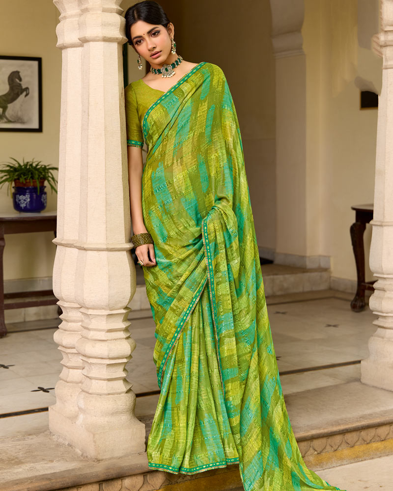 Vishal Prints Multi Green Printed Patterned Brasso Saree With Fancy Border