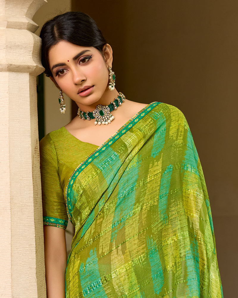 Vishal Prints Multi Green Printed Patterned Brasso Saree With Fancy Border