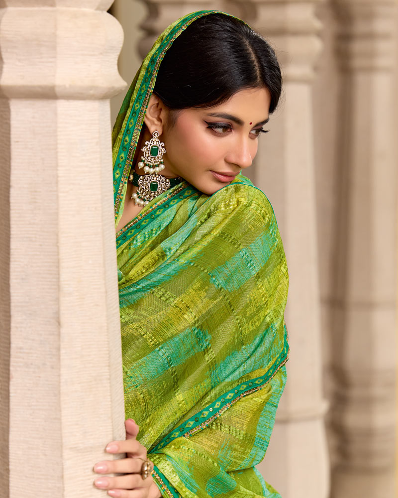 Vishal Prints Multi Green Printed Patterned Brasso Saree With Fancy Border