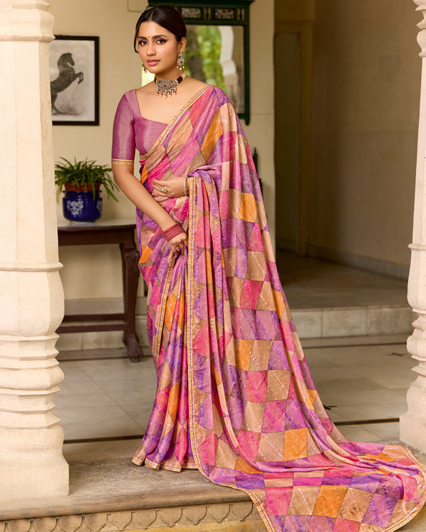 Vishal Prints Dusty Rose Pink Printed Patterned Brasso Saree With Fancy Border