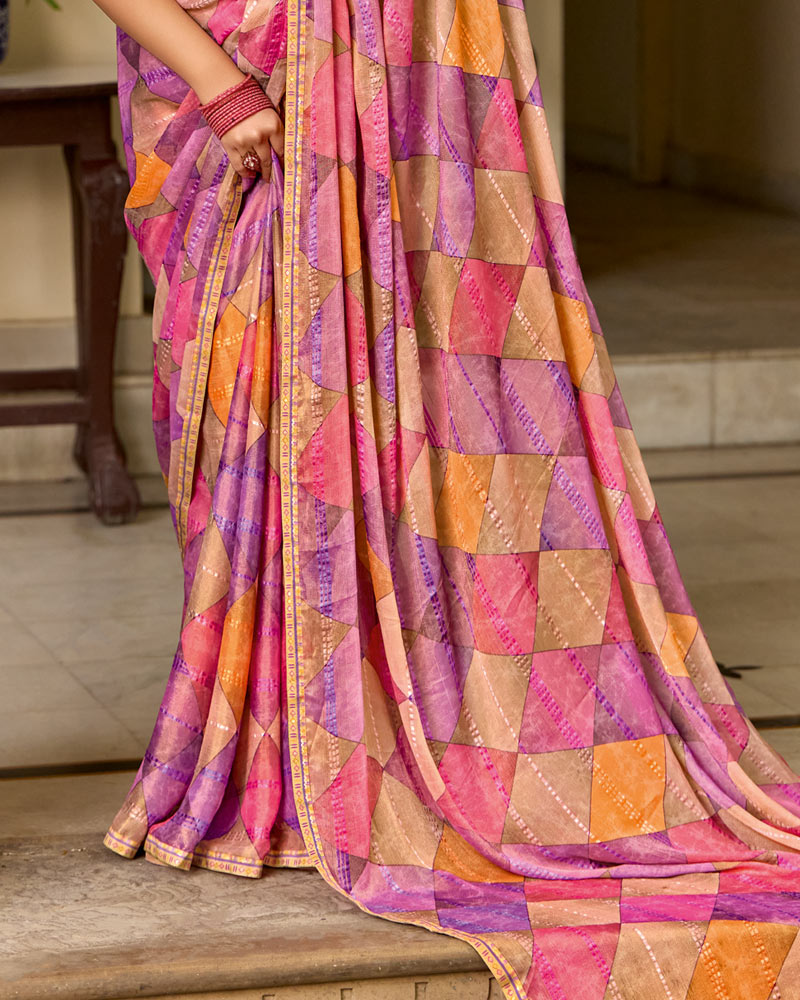 Vishal Prints Dusty Rose Pink Printed Patterned Brasso Saree With Fancy Border