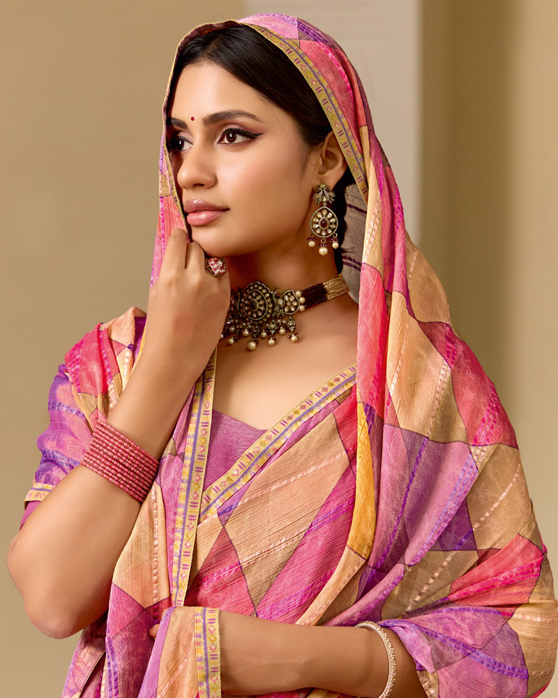 Vishal Prints Dusty Rose Pink Printed Patterned Brasso Saree With Fancy Border