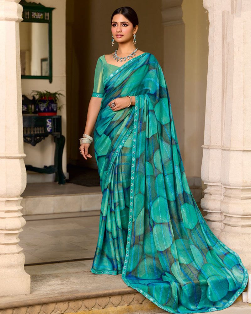 Vishal Prints Persian Green Printed Patterned Brasso Saree With Fancy Border
