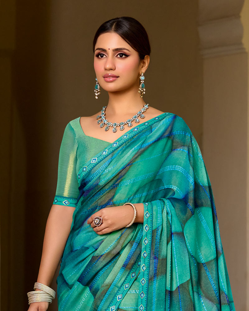 Vishal Prints Persian Green Printed Patterned Brasso Saree With Fancy Border