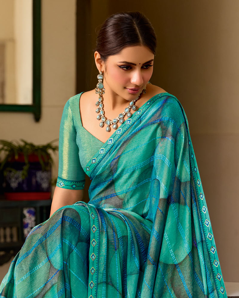 Vishal Prints Persian Green Printed Patterned Brasso Saree With Fancy Border