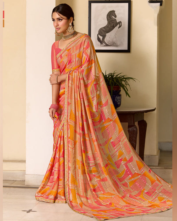 Vishal Prints Persian Orange Printed Patterned Brasso Saree With Fancy Border