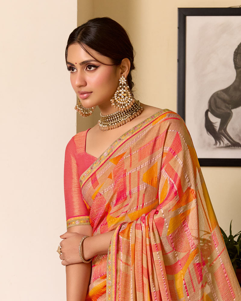 Vishal Prints Persian Orange Printed Patterned Brasso Saree With Fancy Border