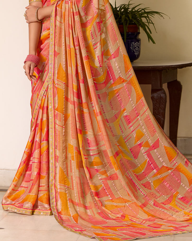 Vishal Prints Persian Orange Printed Patterned Brasso Saree With Fancy Border