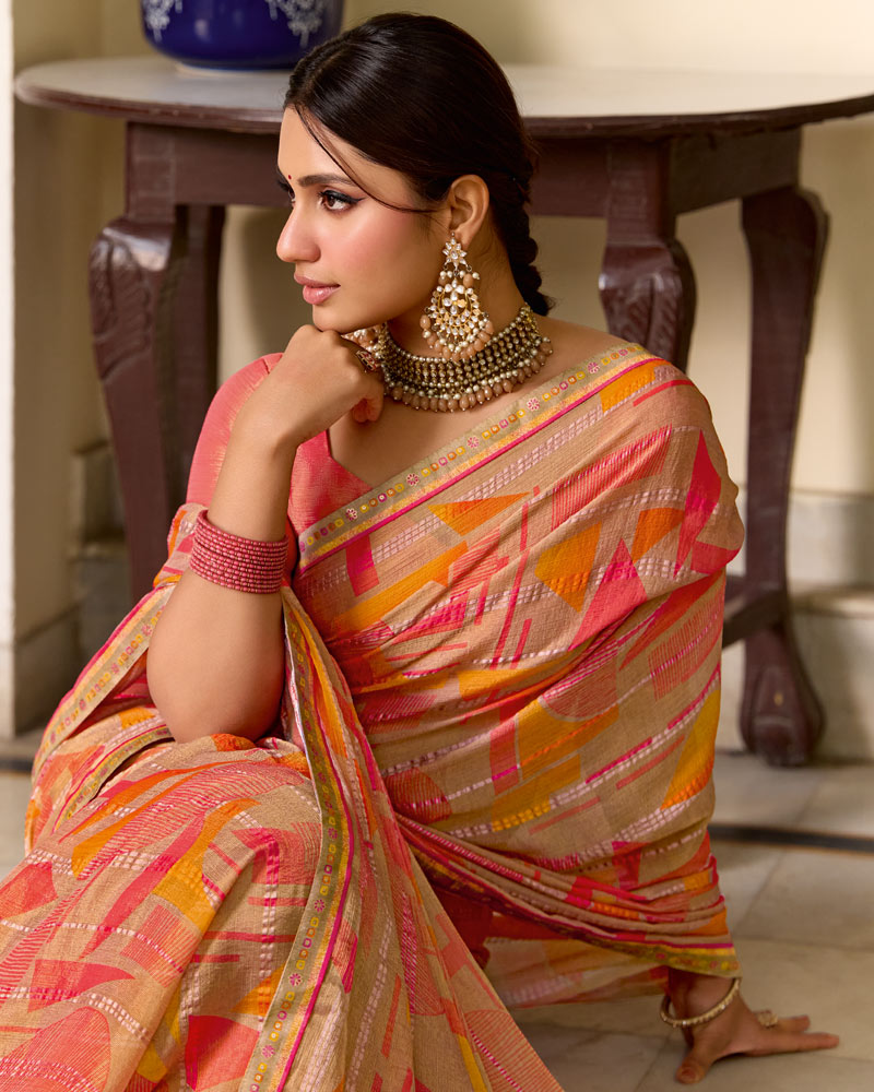Vishal Prints Persian Orange Printed Patterned Brasso Saree With Fancy Border