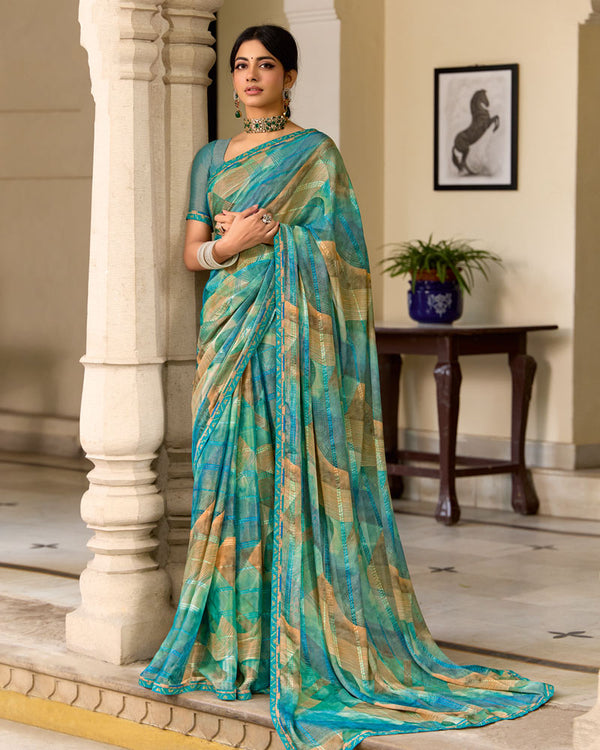 Vishal Prints Dusty Teal Blue Printed Patterned Brasso Saree With Fancy Border