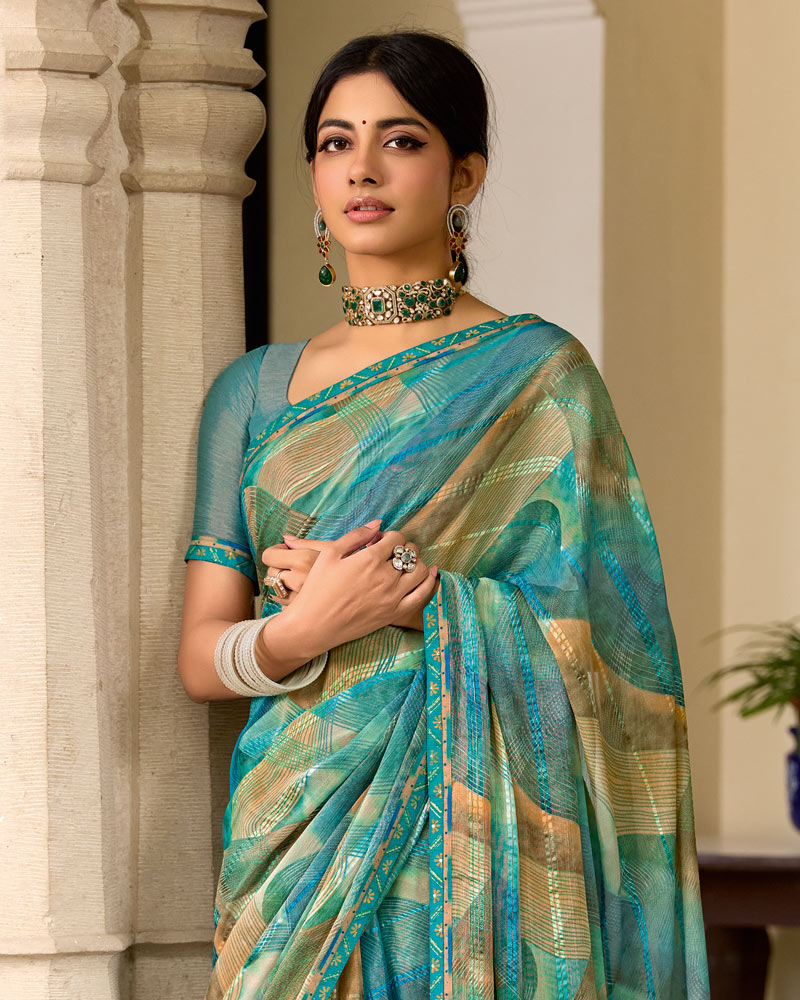 Vishal Prints Dusty Teal Blue Printed Patterned Brasso Saree With Fancy Border