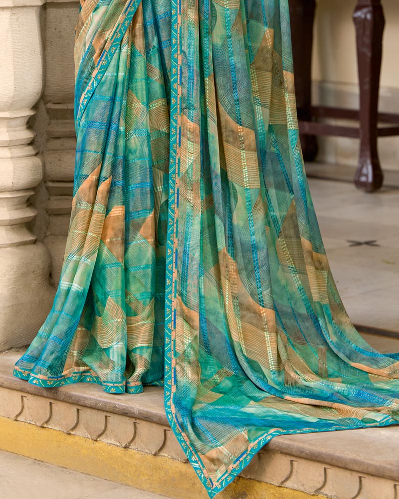 Vishal Prints Dusty Teal Blue Printed Patterned Brasso Saree With Fancy Border
