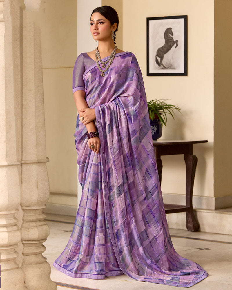 Vishal Prints Dark Lilac Printed Patterned Brasso Saree With Fancy Border