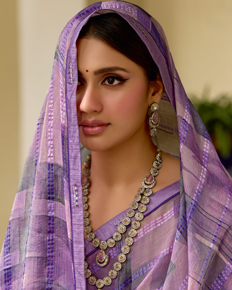Vishal Prints Dark Lilac Printed Patterned Brasso Saree With Fancy Border