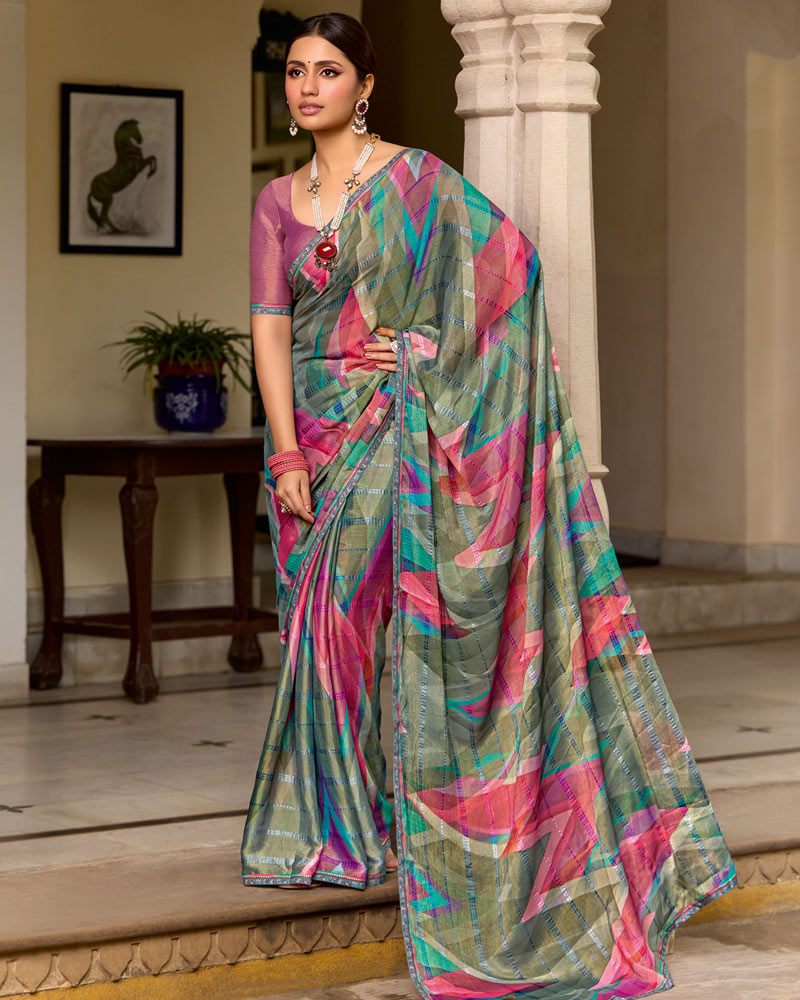 Vishal Prints Multicolored Printed Patterned Brasso Saree With Fancy Border