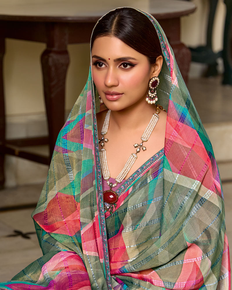 Vishal Prints Multicolored Printed Patterned Brasso Saree With Fancy Border