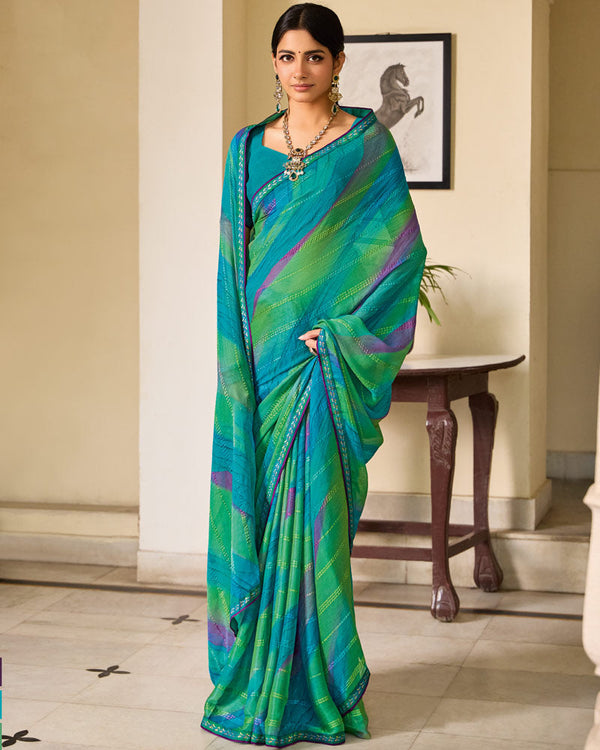 Vishal Prints Persian Green Printed Patterned Brasso Saree With Fancy Border
