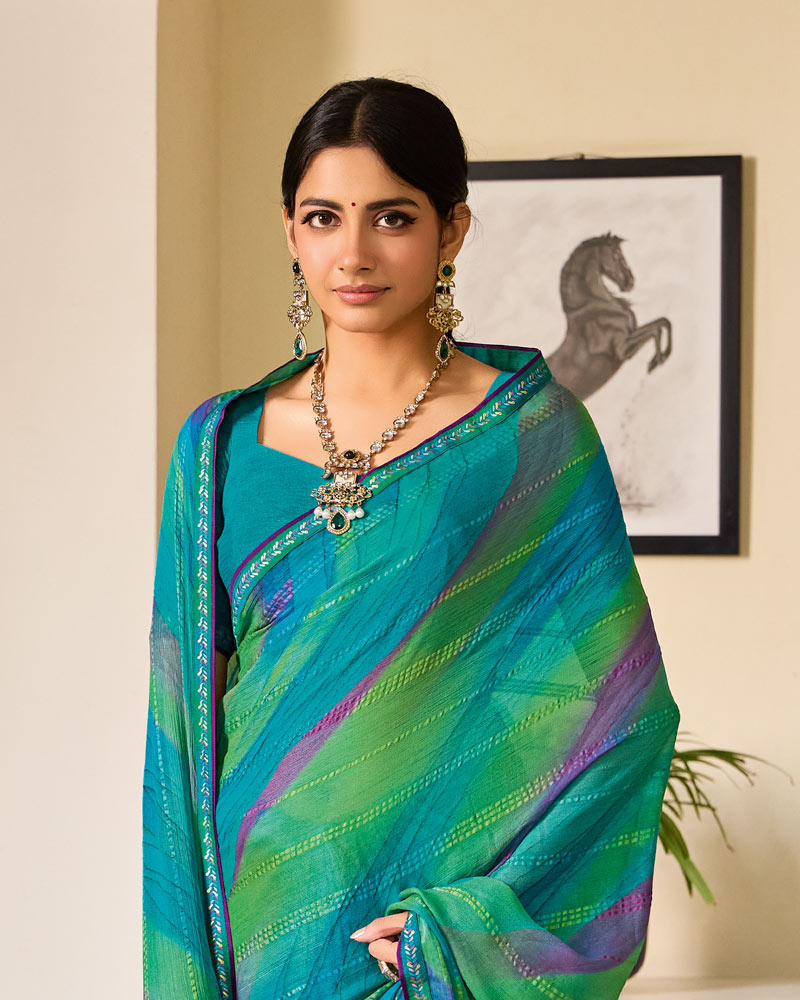 Vishal Prints Persian Green Printed Patterned Brasso Saree With Fancy Border