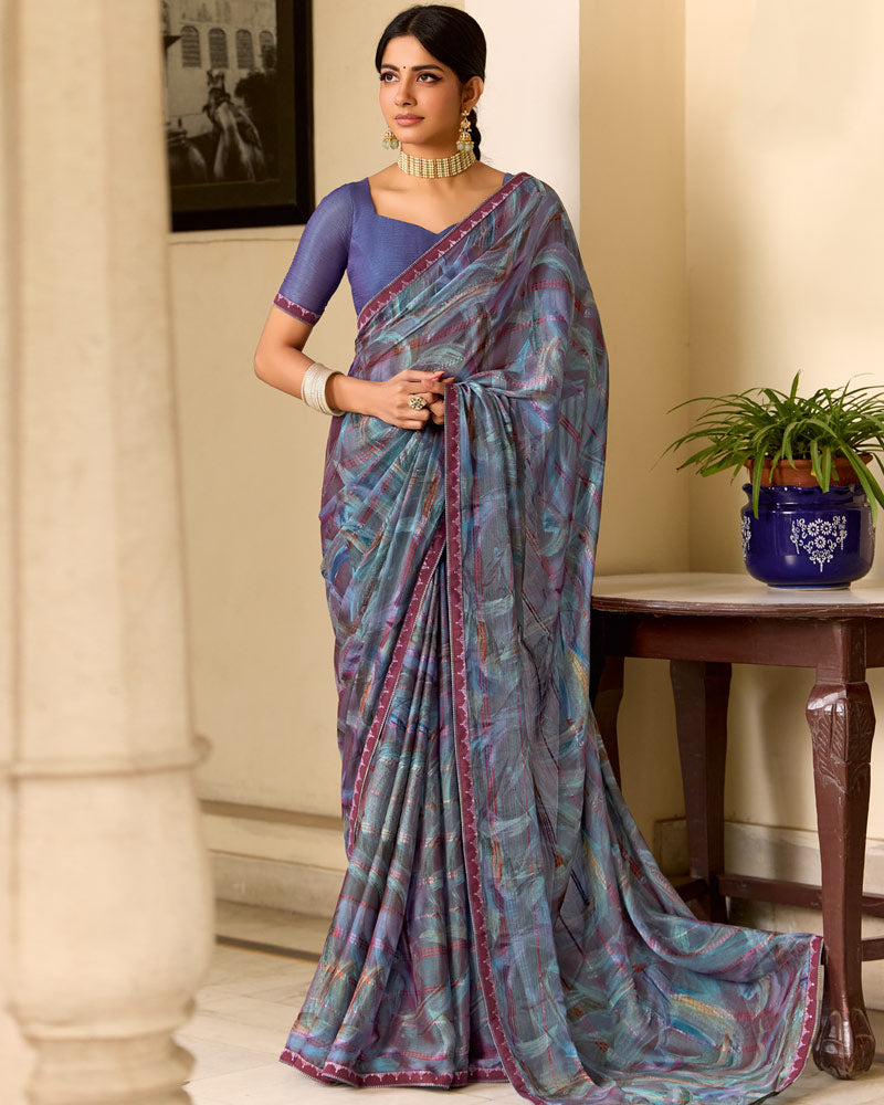Vishal Prints Bluish Grey Printed Patterned Brasso Saree With Fancy Border