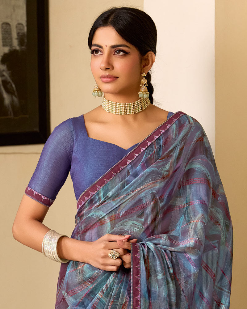 Vishal Prints Bluish Grey Printed Patterned Brasso Saree With Fancy Border