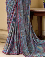Vishal Prints Bluish Grey Printed Patterned Brasso Saree With Fancy Border