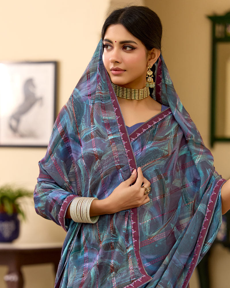 Vishal Prints Bluish Grey Printed Patterned Brasso Saree With Fancy Border