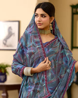 Vishal Prints Bluish Grey Printed Patterned Brasso Saree With Fancy Border