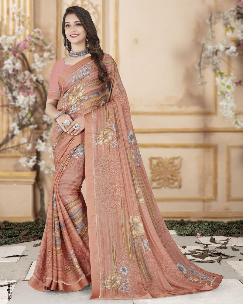 Vishal Prints Peach Printed Chiffon Saree With Satin Border