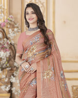 Vishal Prints Peach Printed Chiffon Saree With Satin Border