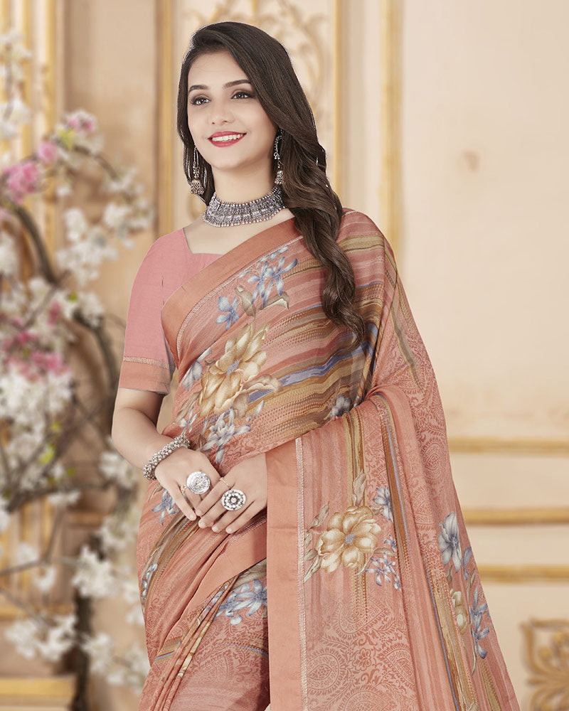 Vishal Prints Peach Printed Chiffon Saree With Satin Border