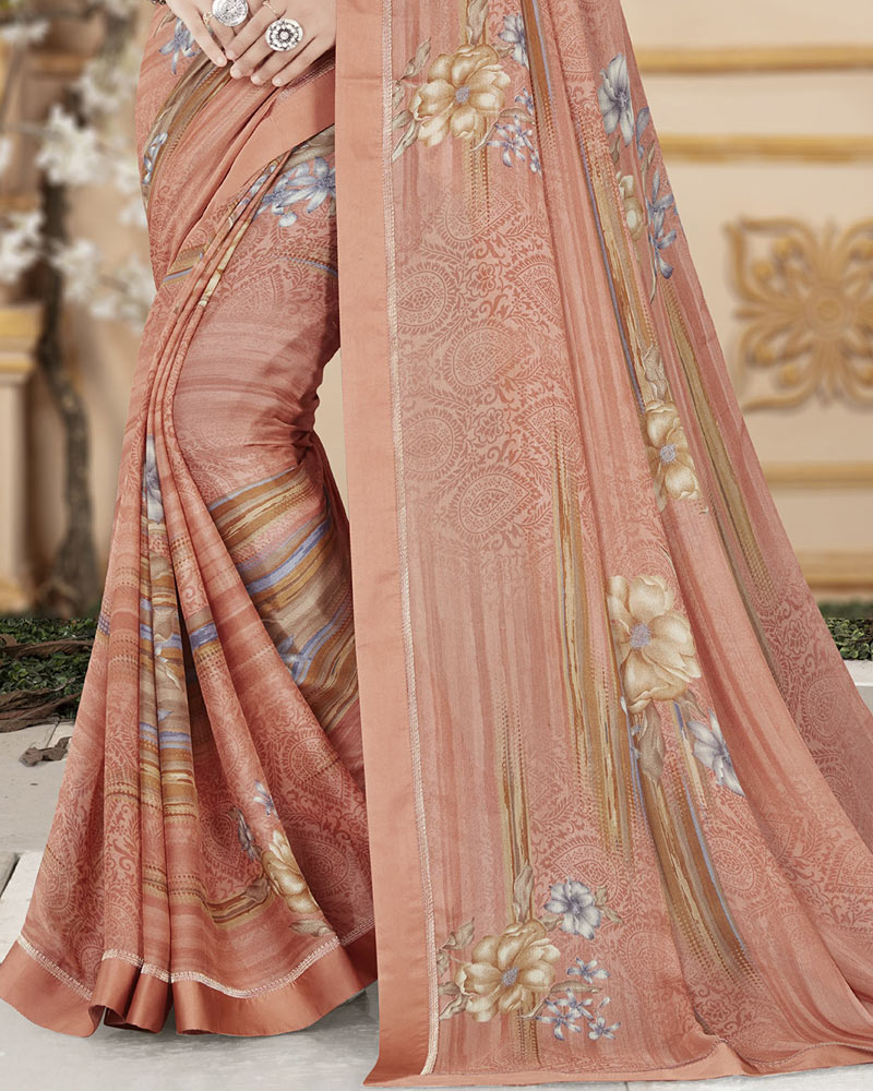 Vishal Prints Peach Printed Chiffon Saree With Satin Border