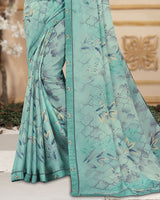 Vishal Prints Aqua Green Printed Chiffon Saree With Satin Border