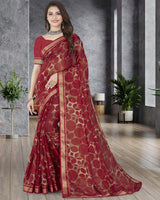 Vishal Prints Dark Red Printed Chiffon Saree With Border