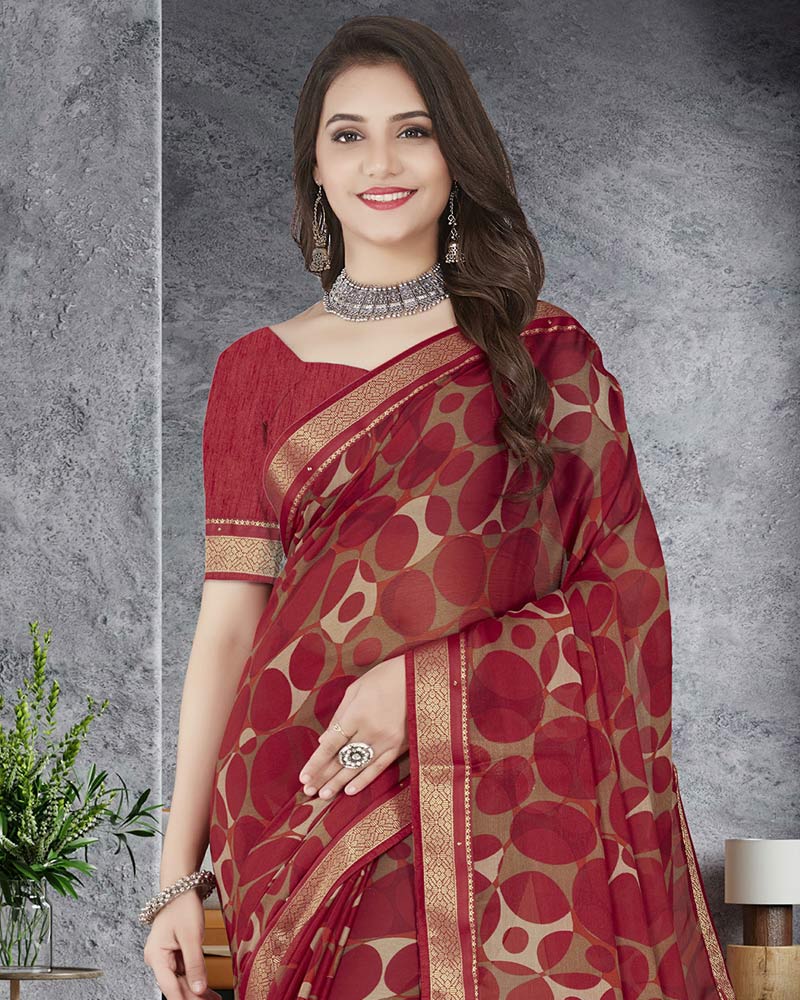 Vishal Prints Dark Red Printed Chiffon Saree With Border