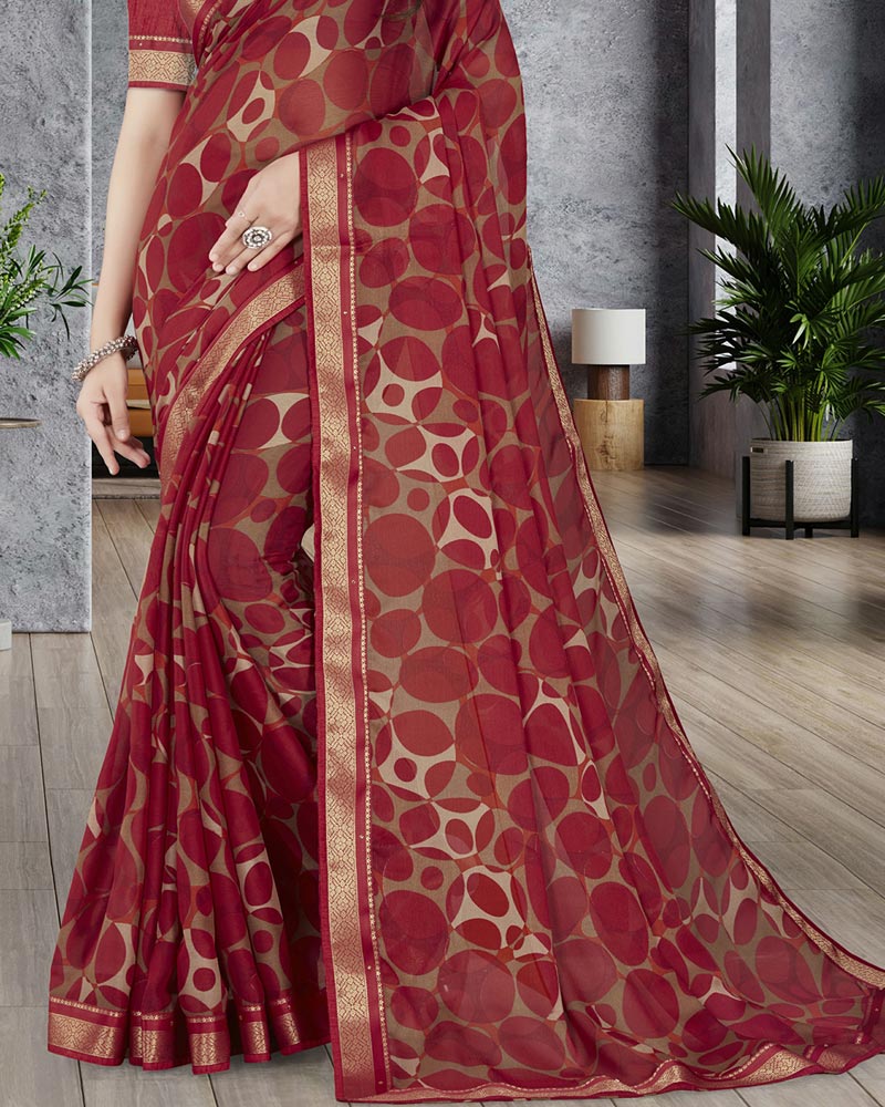 Vishal Prints Dark Red Printed Chiffon Saree With Border