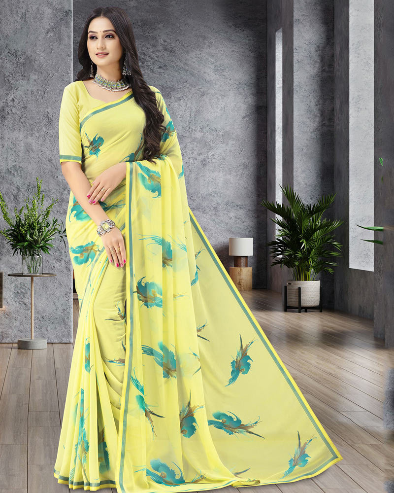 Vishal Prints Pastel Yellow Printed Chiffon Saree With Border