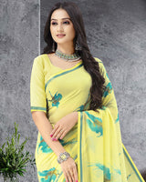 Vishal Prints Pastel Yellow Printed Chiffon Saree With Border