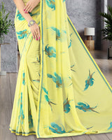 Vishal Prints Pastel Yellow Printed Chiffon Saree With Border