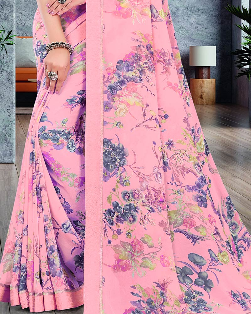 Vishal Prints Light Pink Printed Chiffon Saree With Border