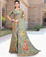 Vishal Prints Sage Green Printed Digital Print Fancy Chiffon Saree With Core Piping