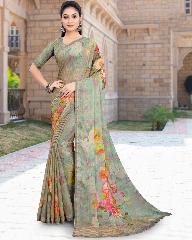 Vishal Prints Sage Green Printed Digital Print Fancy Chiffon Saree With Core Piping