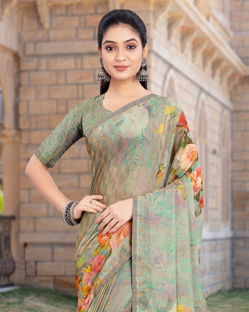 Vishal Prints Sage Green Printed Digital Print Fancy Chiffon Saree With Core Piping