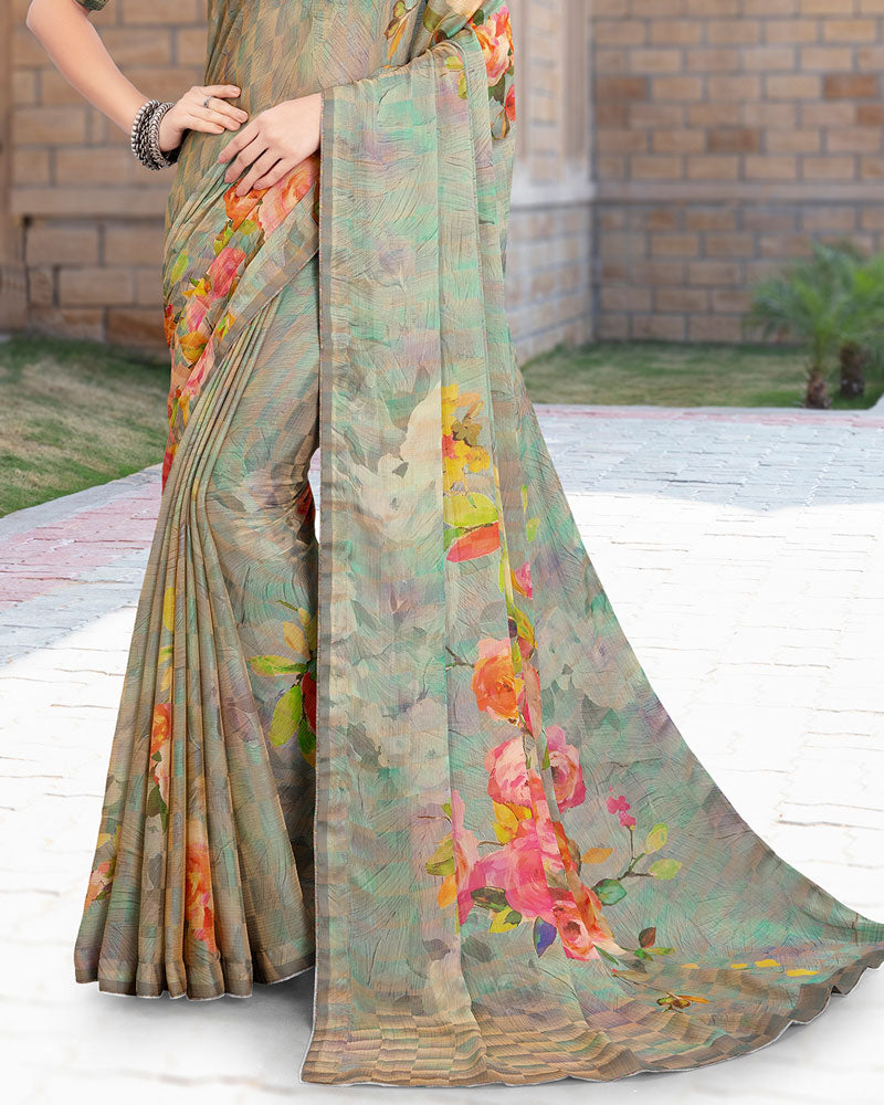 Vishal Prints Sage Green Printed Digital Print Fancy Chiffon Saree With Core Piping