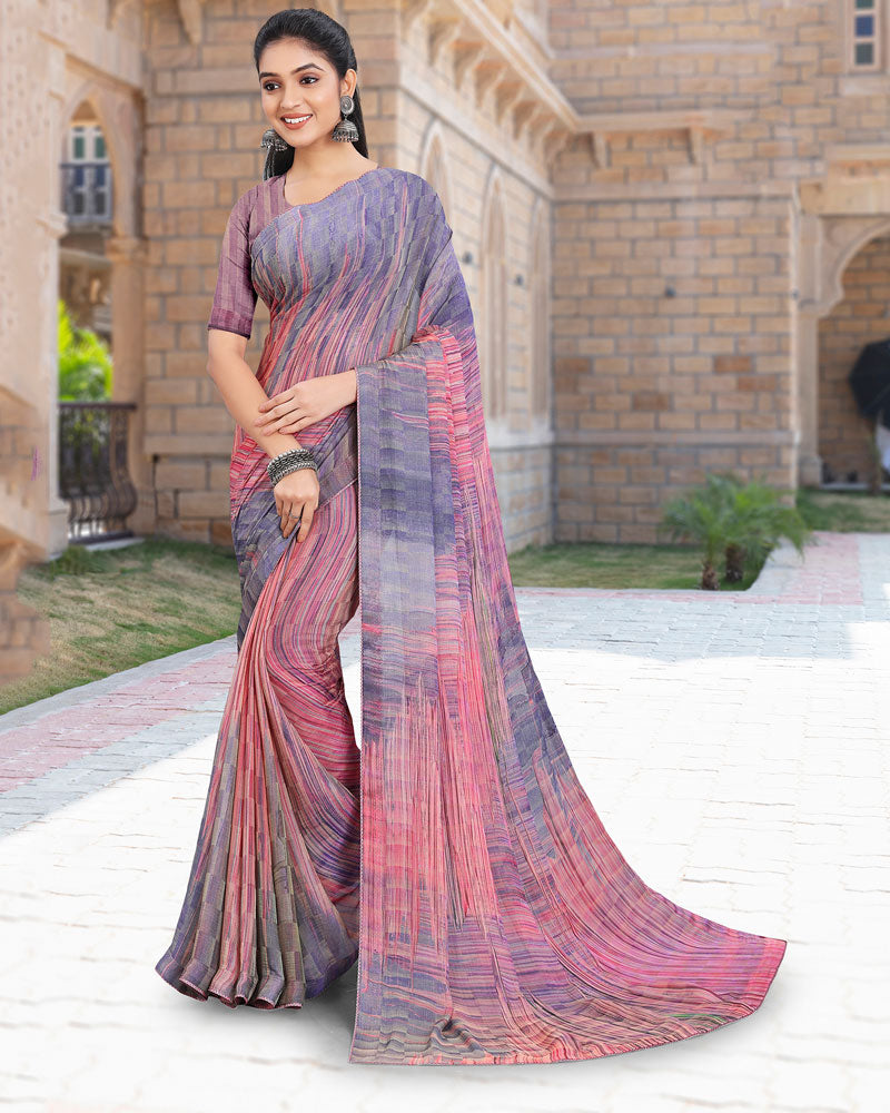 Vishal Prints Blue Bell Printed Digital Print Fancy Chiffon Saree With Core Piping