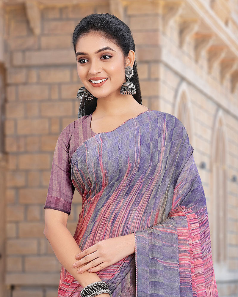 Vishal Prints Blue Bell Printed Digital Print Fancy Chiffon Saree With Core Piping