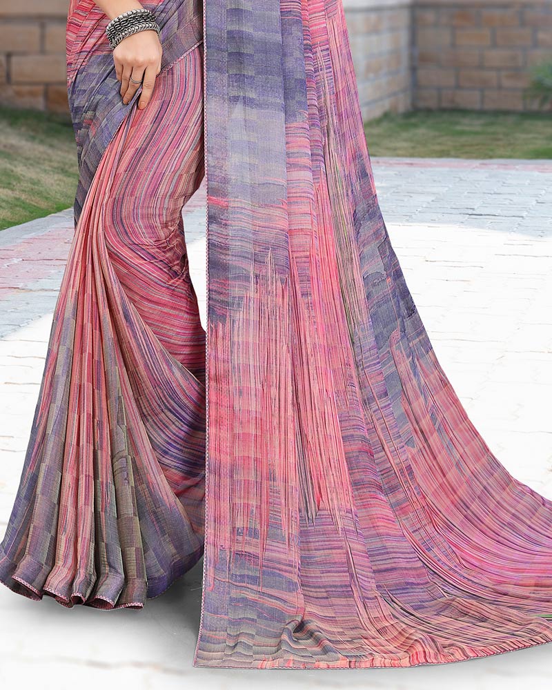 Vishal Prints Blue Bell Printed Digital Print Fancy Chiffon Saree With Core Piping