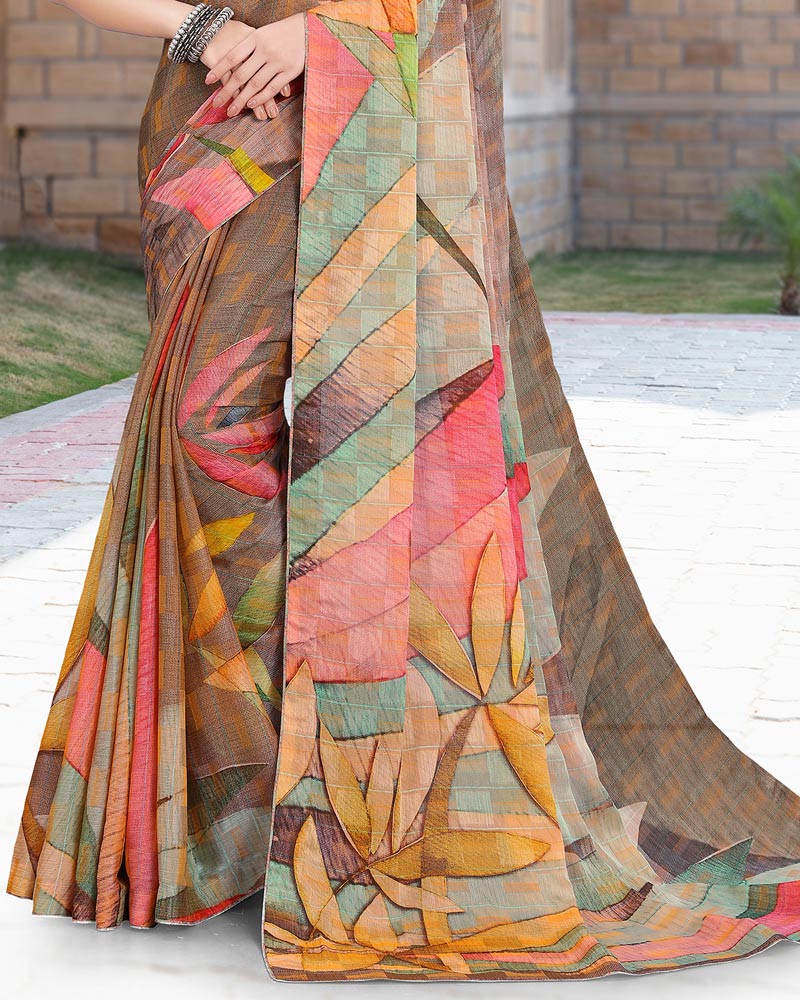 Vishal Prints Leather Yellow Printed Digital Print Fancy Chiffon Saree With Core Piping