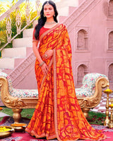 Vishal Prints Carrot Orange And Chili Red Printed Chiffon Saree With Fancy Embroidery Border