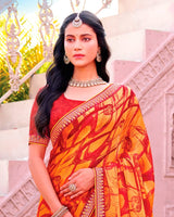 Vishal Prints Carrot Orange And Chili Red Printed Chiffon Saree With Fancy Embroidery Border